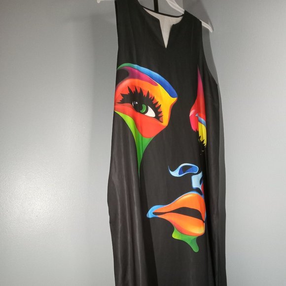 2XL BLACK LONG SLEEVELESS CASUAL DRESS WITH MULTICOLOR FACE DESIGN - Picture 1 of 1
